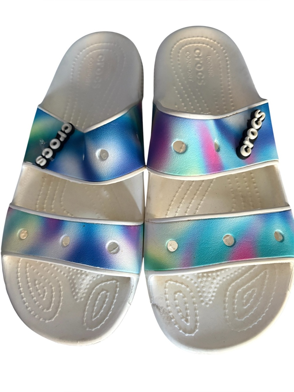 CROCS Holographic Triple-Strap Slide Sandals - Iridescent/White